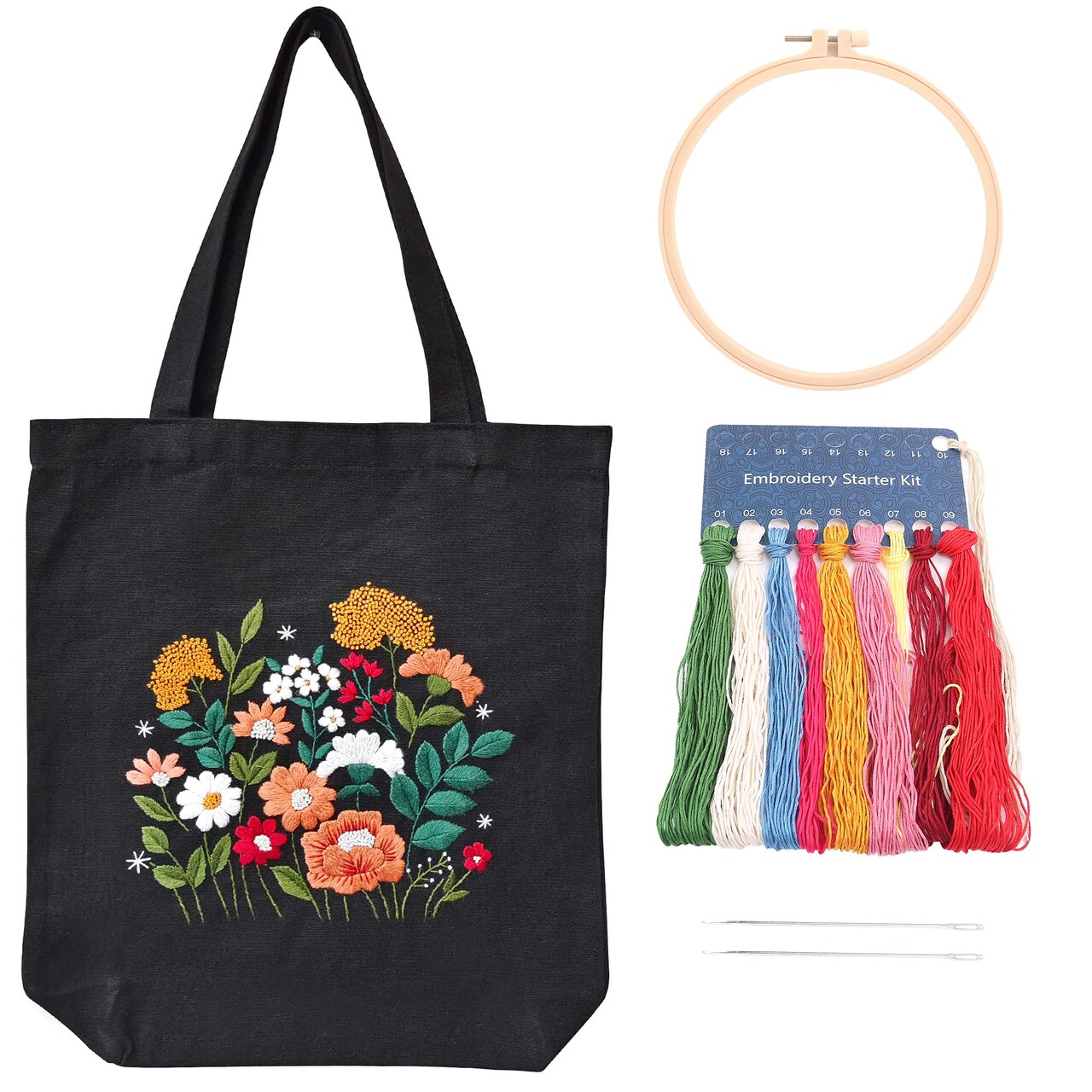 Canvas Tote Bag Embroidery Kit with Pattern for Beginners, Arts and DIY Crafts Kits for Adults, Include Instructions Embroidery Bag, Embroidery Hoops, Color Threads and Tool (Black)